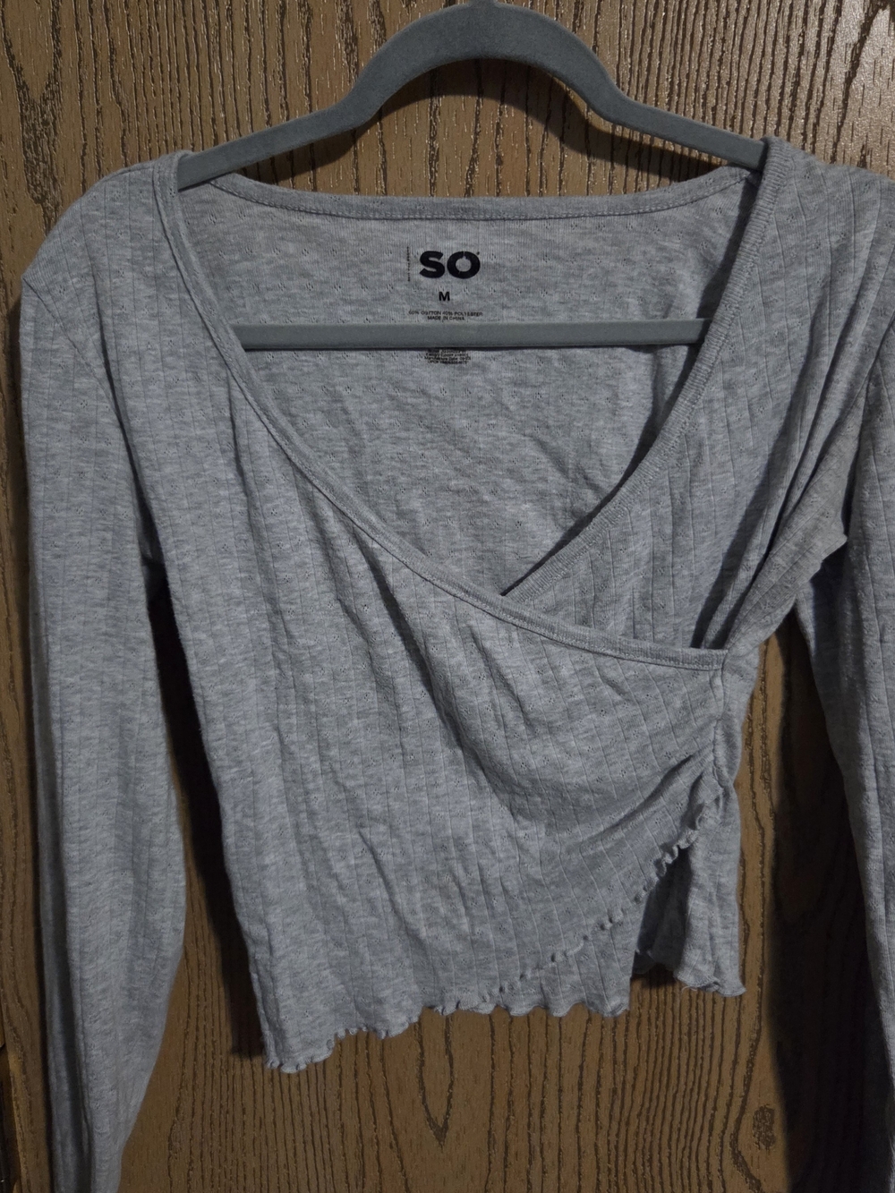 SO Women's Grey Ribbed Wrap Long-Sleeve Top